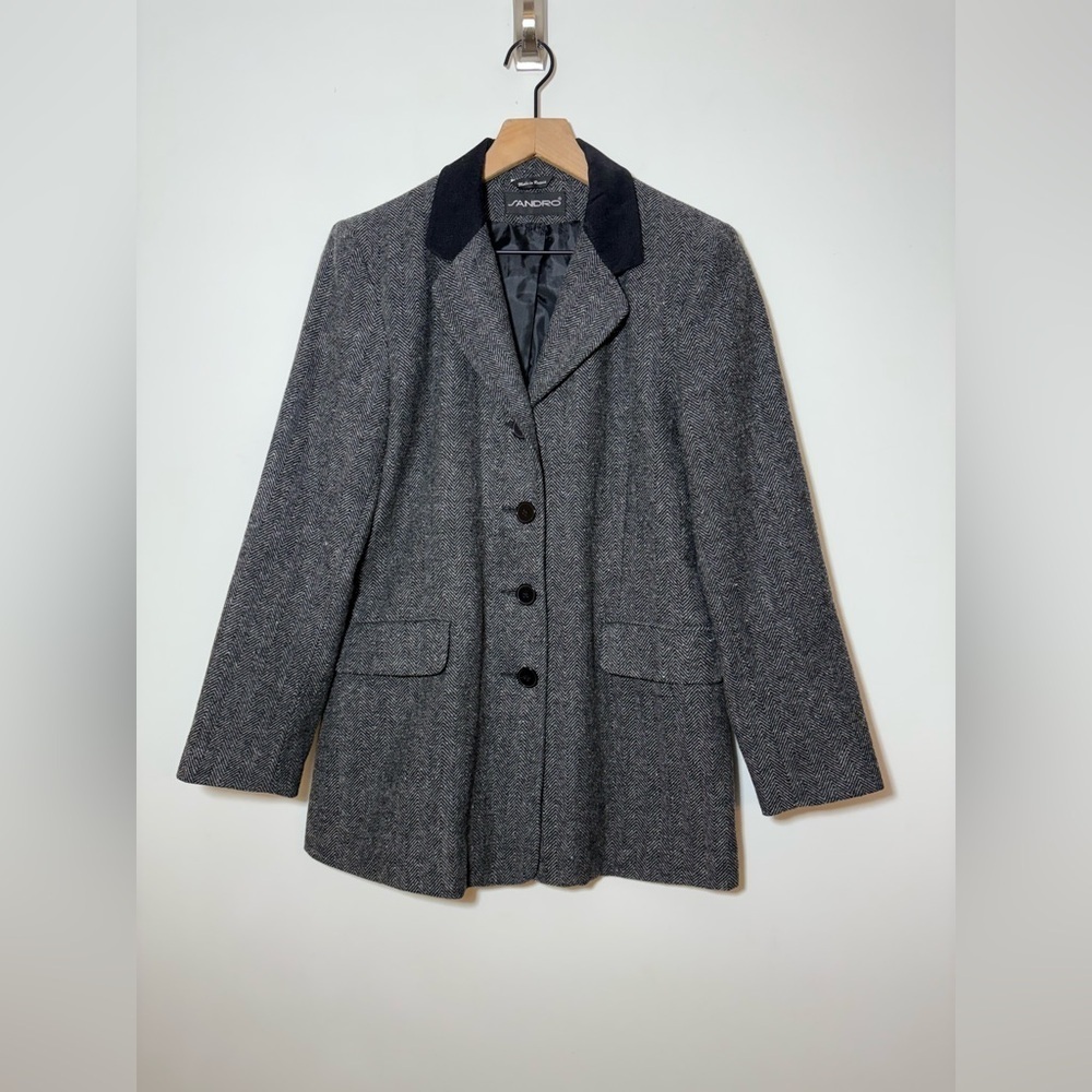 Sandro Women's Black Herringbone Wool Button Up Lined Blazer Jacket Size 8